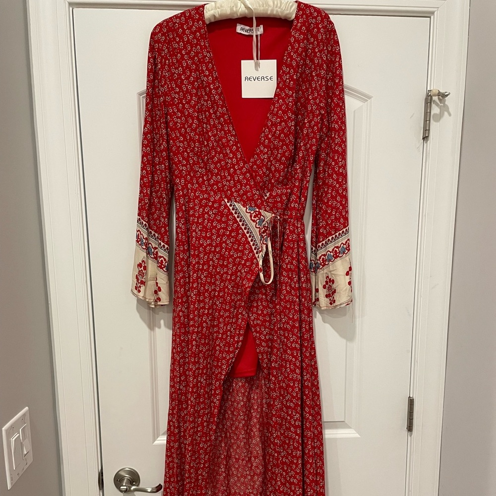 Reverse Red Floral Wrap Maxi Dress